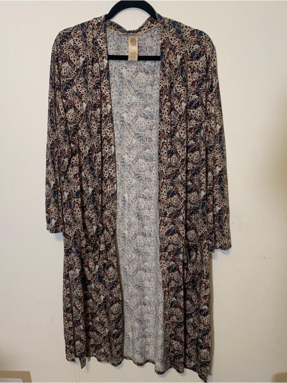 Retreat butterfly Printed open Cardigan in Taupe, Blue & Brown 41 inch long